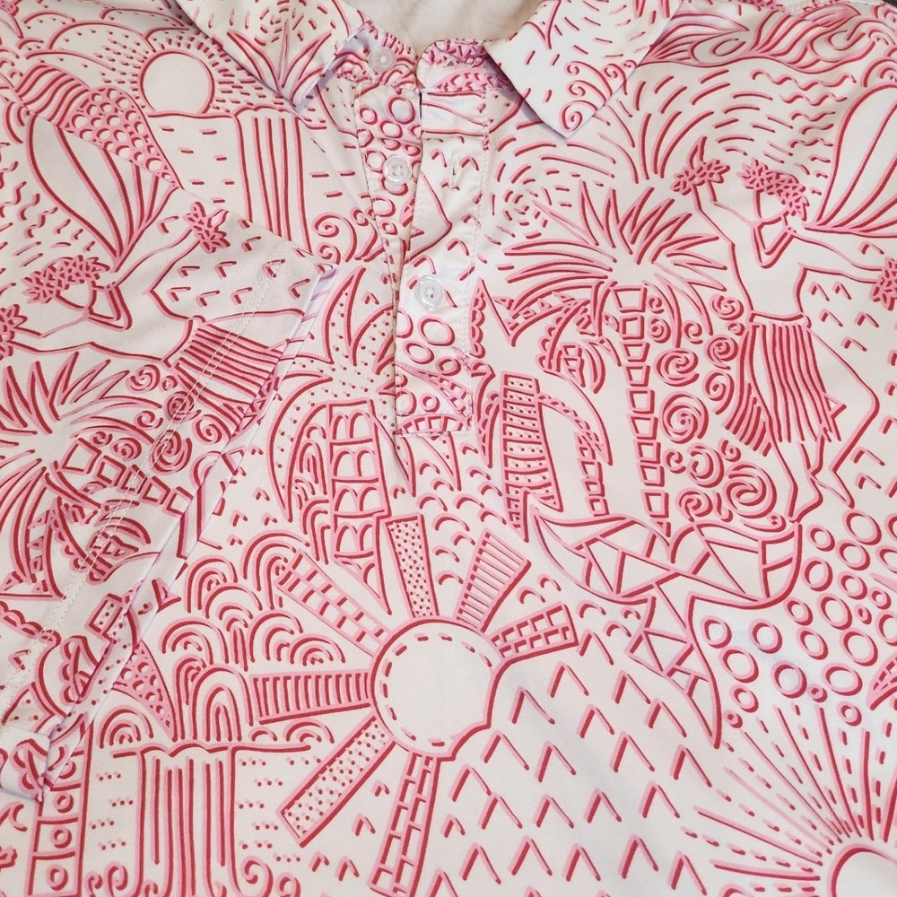 Yatta Golf Polo Men's Shaka Life Hawaiian‎ Aloha Sun Pink Red Stretch Polo XL - Picture 4 of 8